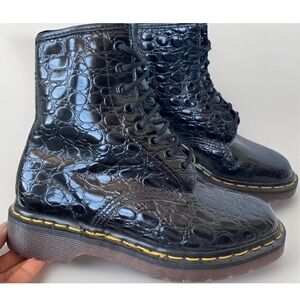 Vintage 90s Docs Dr. Martens Black Croc Embossed Grunge Combat Boots 4UK ENGLAND
